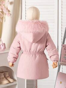 SHEIN Young Girls Autumn/Winter New Stylish Versatile Thickened Padded Coat, Hooded With Faux Fur Collar, Zipper, Pockets, Waist Cinched, Padded Coat - Pink - View 8