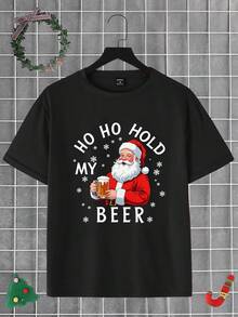 SHEIN 圣诞快乐男士时尚卡通可爱圣诞老人啤酒设计字母标语图形基本款短袖T恤，适合圣诞派对和外出 - 黑色 - 查看 3