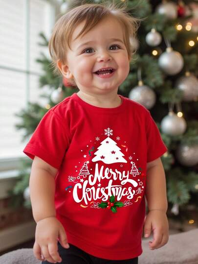 SHEIN Baby Boy Casual Minimalist Fashion Classic Christmas Warm & Comfortable, Star Christmas Tree, Cartoon, Christmas Deer, Christmas Pattern Printed Short Sleeve Top, Suitable For Summer