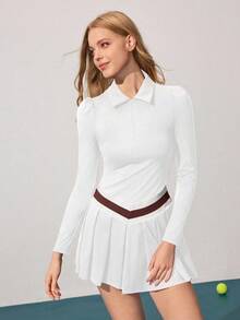 CourtClass 女式时尚休闲撞色褶边运动连衣裙白色网球裙奢华白色白色网球裙长袖网球裙女式网球服女式网球服 - 白色 - 查看 6