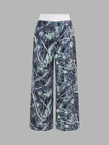 SHEIN Girlism Tween 女童休闲运动街头时尚迷彩与树叶印花撞色腰带宽松阔腿运动裤 - 橄欖綠 - 查看 6