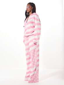 SUMWON WOMEN 美国国旗印花宽腿休闲裤爱国星条纹图案舒适抽绳阔腿裤节日派对服装 - 粉色 - 查看 5