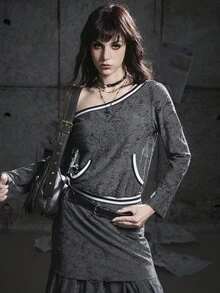 Bloopia Retro American Sporty Casual Street Style Women's Asymmetrical Asymmetric Shoulder Punk Distressed Texture Loose Long Sleeve Pullover Mini Dress, Suitable For Autumn/Winter And Halloween - Grey - View 5