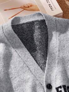 Manfinity VCAY Áo khoác len cardigan tay dài có túi đơn hàng khuy họa tiết khẩu hiệu dành cho nam, mùa thu/đông - Màu Xám nhạt - Xem 3