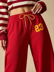VARSIVA Women's Letter Print Curved Hem Sports Pants - Red - View 5