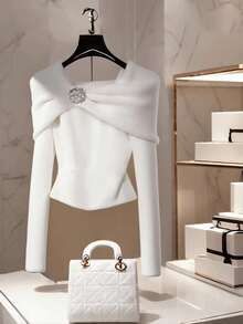 Elenzga Women's Elegant Christmas & New Year White Daily Open Shoulder Solid Color Shawl Collar Off Shoulder Long Sleeve Metal Rhinestone Decor Ruched Fitted Short Plus Size Knit Sweater - White - View 1