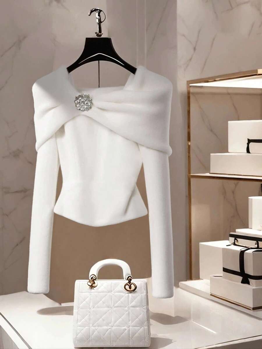 Elenzga Women's Elegant Christmas & New Year White Daily Open Shoulder Solid Color Shawl Collar Off Shoulder Long Sleeve Metal Rhinestone Decor Ruched Fitted Short Plus Size Knit Sweater - White - View 1