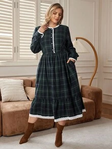 Rosumi Plus Size Women Casual Loose Pocket Plaid Long Sleeve Dress, Elegant Dresses For Women, Dresses For Women Long Sleeve, Dresses For Women Casual, Autumn/Winter,2025 New, - Dark Green - View 1