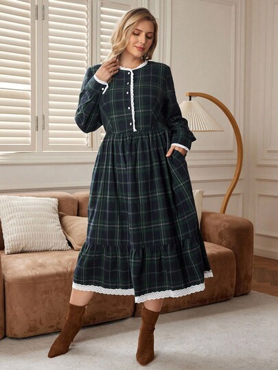 Rosumi Plus Size Women Casual Loose Pocket Plaid Long Sleeve Dress,Elegant Navy Blue Autumn Elegant Tea Party Dresses For Women,2025 New Autumn/Winter