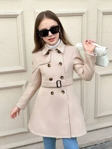 SHEIN Serisse Kids Tween Girls Classic Lapel Double-Breasted Cinched Waist Mid-Length Overcoat, Suitable For Weekend, Casual Outing, Back To School, Autumn/Winter