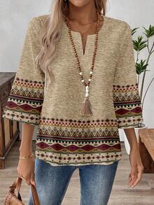 EMERY ROSE Plus Size Geometric Print Cutout Neck Casual Vacation Shirt Bohemian Tops Boho Blouses Fall Tops Women Boho Tops Plus Size Boho Tops For Women