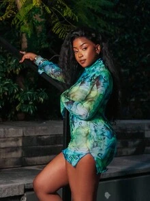 PeachySprinkles 春夏碎花透视立领网纱开衩包臀长袖连衣裙 - 彩色 - 查看 1