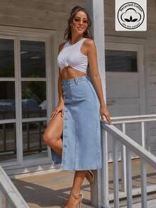 Selenza Women Single Breasted Long Casual Denim Skirt - Blue - View 4
