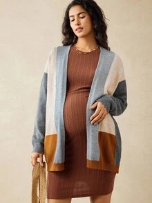 Boho Mama 孕妇拼色长袖开襟休闲宽松针织开衫，秋冬 - 彩色 - 查看 1