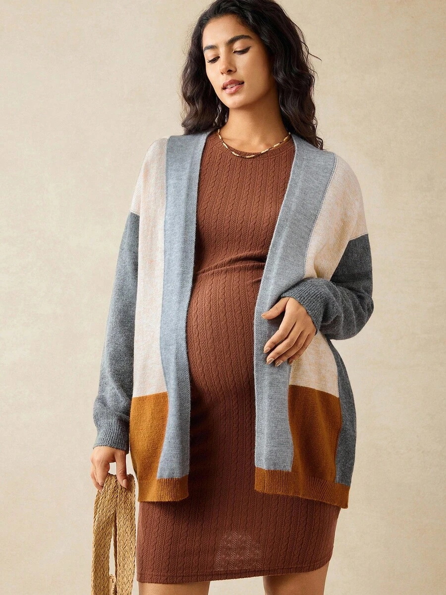 Boho Mama 孕妇拼色长袖开襟休闲宽松针织开衫，秋冬 - 彩色 - 查看 1