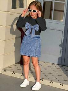 Elladie kids Girls' Casual Fashion Daily Street Crew Neck Long Sleeve Bow & Pearl Design T-Shirt With High Waist Short Denim Skort, Back To School Outfit, All Season