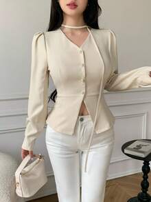 SHEIN LUNE Blusa Elegante Feminina de Cor Sólida com Manga Bufante, Abotoamento Único e Ajustada - Damasco - Visão 6