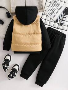 SHEIN Young Boy Letter Patched Vest Coat & Thermal Hoodie & Sweatpants - Black - View 2