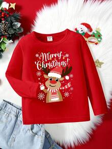 Kleine Mädchen Weihnachten: Vielseitig, modisch, süßer Weihnachts-Rentier & Buchstaben-Muster Langarm Allzweck T-Shirt, geeignet für Weihnachtspartys, alle Jahreszeiten