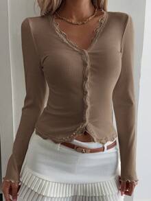 DAZY Women's Lace Frill Trim Fitted Cardigan Long Sleeve Top - Khaki - View 3