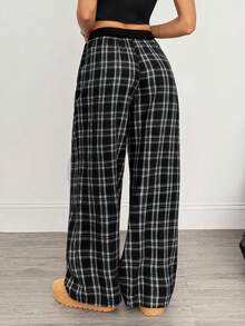 SHEIN Tall Women's Casual Loose Checked Wide Leg Pants Plaid Pants Pajama Pants Checkered Pants Lounge Pants Loose Pants - Black and White - View 2