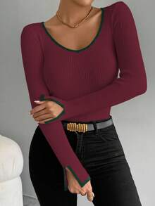 黑色饰边、袖口开衩、休闲修身女式毛衣 - 彩色 - 查看 4