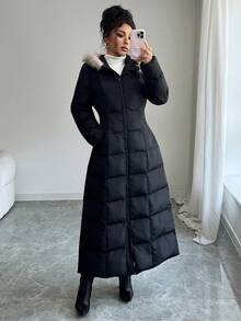 Firerie A Shape Silhouette Zip Up Hooded Fur Collar Padded Long Extra Warm Winter Coat - Black - View 2