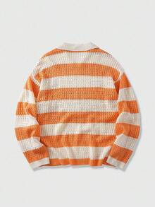 ROMWE MEN Prep 男士学院风条纹字母刺绣毛衣，适合情人节、秋冬季穿着，长袖上衣 - 橘色 - 查看 2