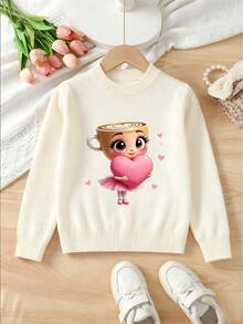 1pc Girl's Long Sleeve Minimalist Korean Style Sweater, Featuring Cartoon Girl Holding Pink Heart Graphic Print, Comfortable & Suitable For Autumn/Winter, Loose Fit Casual Pullover For School Activities, Holiday Outdoor Wear, Christmas Outfit