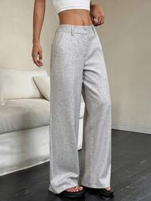 Flirla Tall 1 件女士灰色亚麻直筒裤，简约设计，通勤、下午茶、休闲、时尚、优雅、日常穿着、校园百搭 - 灰色 - 查看 5