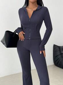 Celisse Damen Einfarbige Langarm Reißverschluss Kapuzenjacke und weite Hose Lässig 2 Stücke Set, Herbst - marineblau - Übersicht 5
