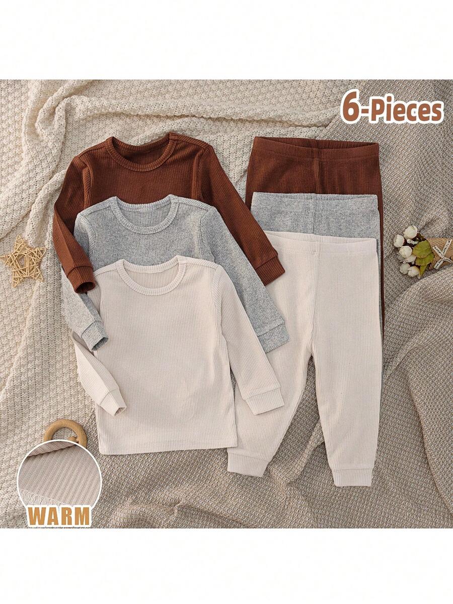 Loomiva 6 pièces Ensemble de pyjama ajusté pour bébé garçon, Top à col ras du cou en tricot de couleur unie doux et pantalon long à taille élastique - Multicolore - Voir 1