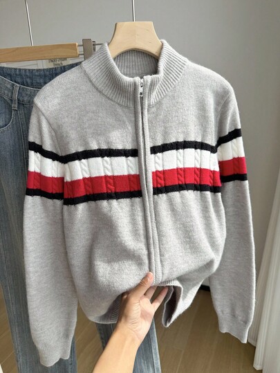 SHEIN Men's Zip-Up Cardigan Sweater,Half Turtleneck Long Sleeve Tricolor Striped Knitwear,Warm Soft Comfortable Fashionable Tops For Autumn,Back-To-School