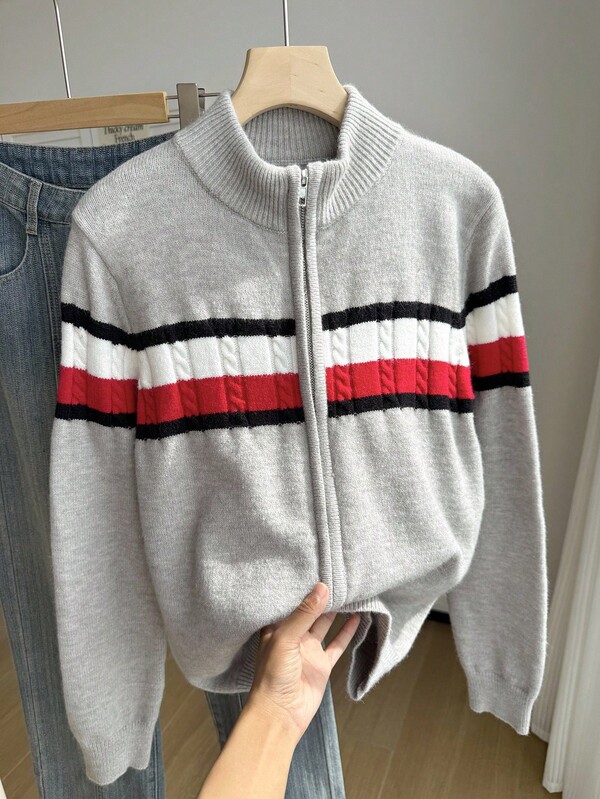 SHEIN Men's Round Neck Long Sleeve Zip-Up Cardigan Sweater, Fashionable & Handsome In Black, White, Red Tricolor, Half Turtleneck, Warm, Soft & Comfortable, Versatile For Autumn/Winter