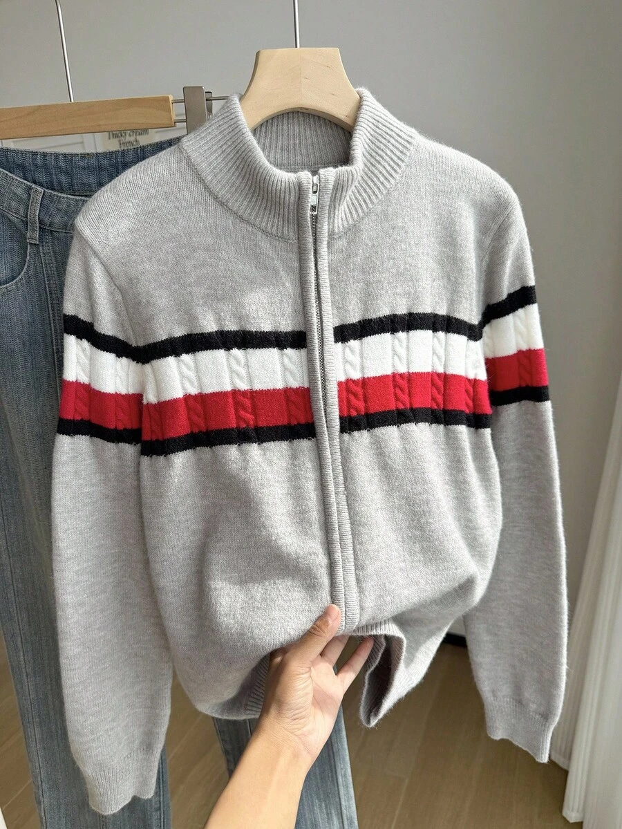 SHEIN 男士圆领长袖拉链开衫，时尚帅气，黑、白、红三色，半高领，温暖柔软舒适，百搭秋冬 - 灰色 - 查看 1