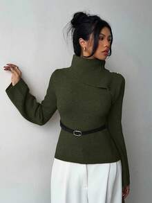 Elenzga Khaki Elegant Flared Sleeve Niche Design Collar, Paired With Brown Metal Fashionable Belt, Women Sweater For Autumn/Winter - Army Green - View 5