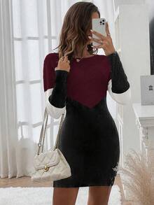 EMERY ROSE Women's Fashionable Contrast Color Round Neck Long Sleeve Fitted Knit Dress, Autumn/Winter - Red - View 6