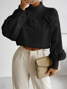 Almamuse Áo len chui đầu cổ lọ dệt kim họa tiết hoa 3D rộng rãi màu trơn đơn giản dành cho nữ - màu đen - Xem 4