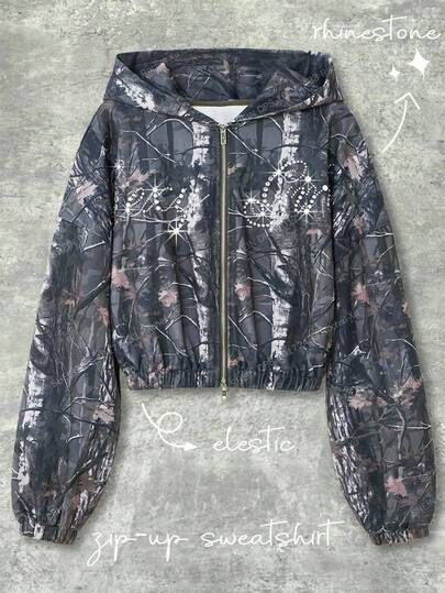 Shutterstock Y2Kool Olive Green Camouflage Rhinestone "Sexy Girl" Oversized Cropped Loose Zip-Up Hoodie Sweatshirt, Suitable For Autumn/Winter Parties, Vacations, Gatherings, And Daily Wear Matching Idea Stylish Clothing Collection New Year Outfits Hooded Jacket Rhinestone Jacket Zip-Up Sweatshirt Printed Jacket