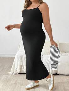 SHEIN 2pcs/Set Maternity Plus Size Striped Drop Shoulder Long Sleeve T-Shirt And Sleeveless Dress, Casual - Black - View 3