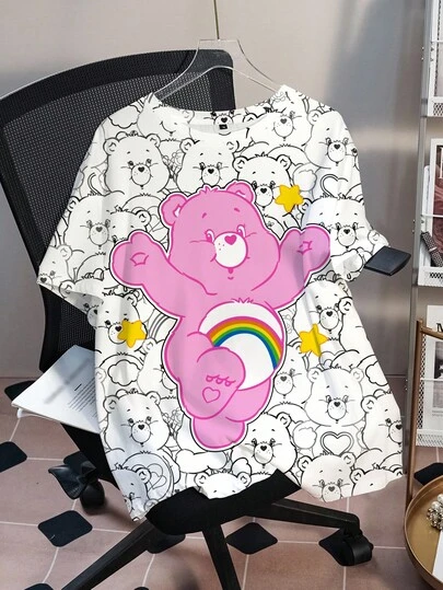 SHEIN X Care Bears 大码女式休闲日常通勤卡通熊和星星印花宽松T恤