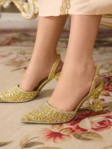 CUCCOO TILAWA Women's Fashion Party Rhinestone Heeled Pumps - Gold - View 1