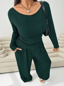 Solflare 2 pezzi/Set Verde oliva Taglia grande Maglietta a girocollo a maniche lunghe e Pantaloni Set per Donna