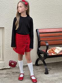 SHEIN Conjunto de 2 piezas de top negro y falda a cuadros rojos para niña preadolescente, adecuado para otoño/invierno - Rojo - Ver 5