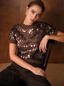 MOTF PREMIUM FASHIONABLE VERSATILE SEQUIN EMBELLISHED SHORT SLEEVE KNIT TOP - Brown - View 3