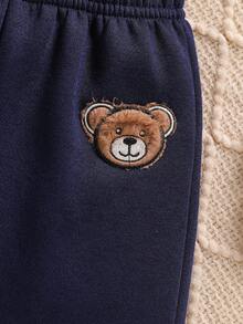 SHEIN 3 件套新生男婴熊撞色连帽夹克、条纹上衣和裤子套装 - 寶藍色 - 查看 7