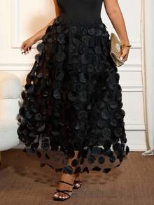 Cravure 大码女式优雅派对编织圆形剪裁内衬黑色半身裙 - 黑色 - 查看 4