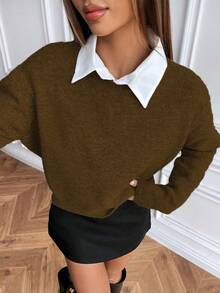 EMERY ROSE Áo len dệt kim cổ tròn tay dài màu trơn Slouchy - màu nâu - Xem 6