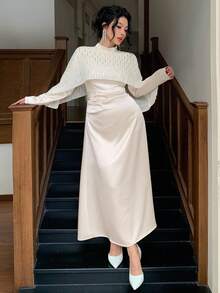 DAZY Women's Elegant Long Dress With Shiny Satin Waist Cinching, 2 In 1 - Beige - View 3