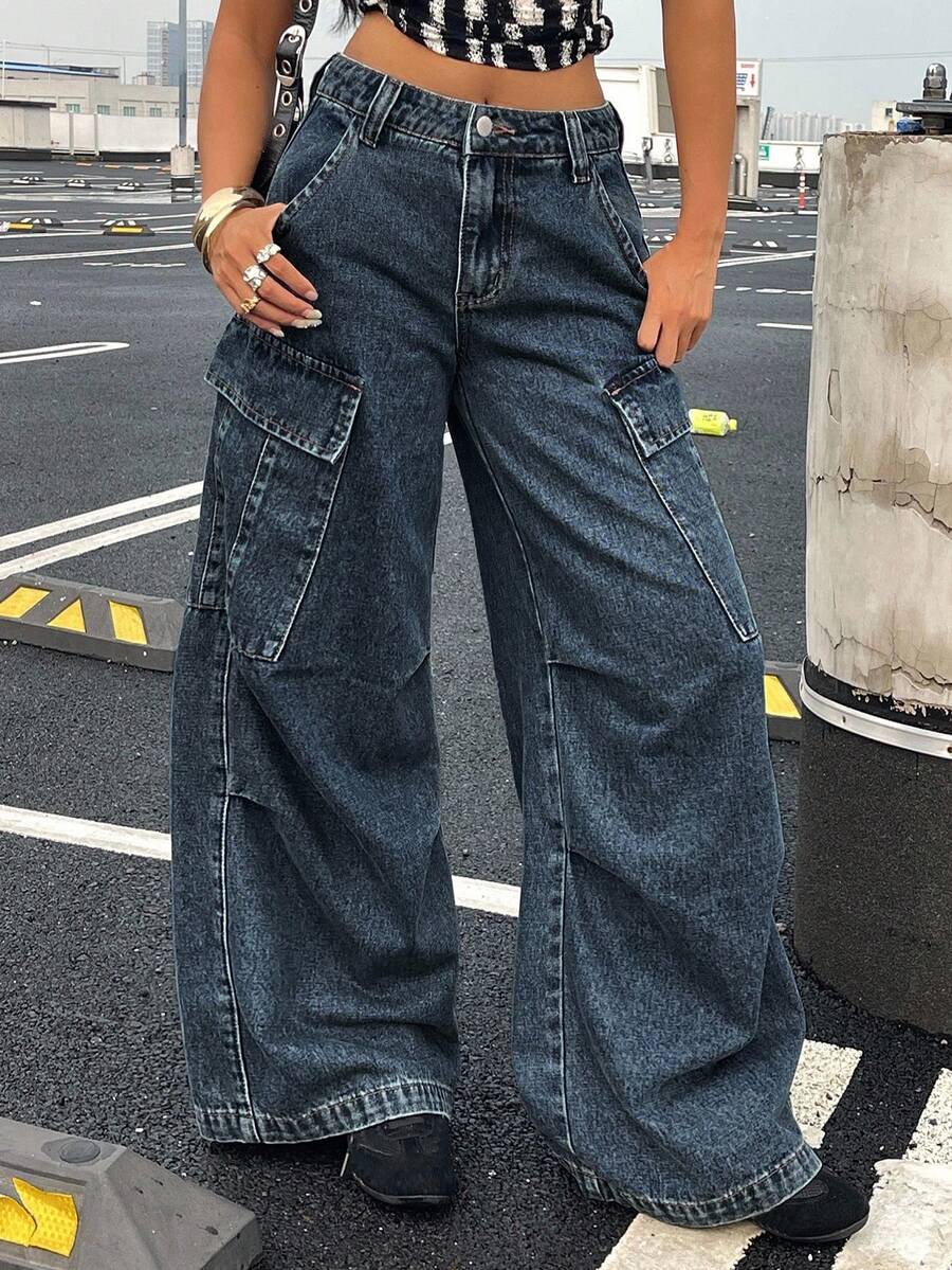 DAZY 女士低腰工装牛仔裤,带大口袋,Y2K风格 - 中等水洗藍 - 查看 1